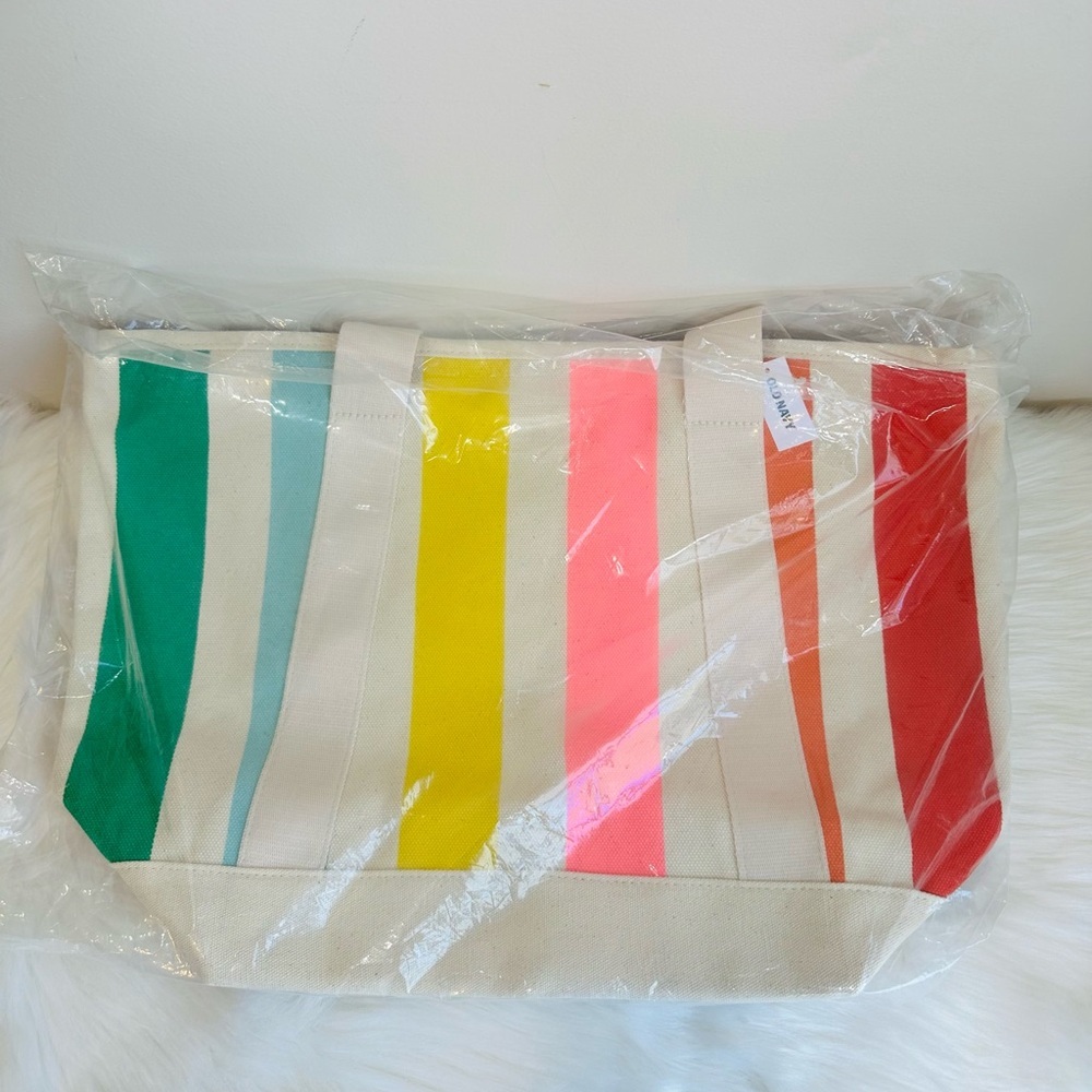 NWT Old Navy Multi Stripe Graphic Large Canvas Tote Beach Bag - Picture 2 of 9